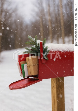 Red mailbox with Christmas letters and gifts in snowy forest 132018206