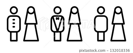 Icons set featuring married couple with man and woman in hijab. Vector illustration showing muslim husband and wife symbols for wedding, relationship, islamic family or community design. 132018336