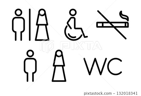 Set of toilet outline icon showing symbols for male, female in hijab and disabled toilets. Set of toilet outline icon showing symbols for male, female in hijab and disabled toilets. 132018341