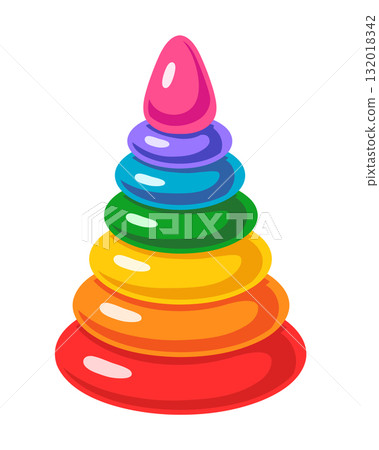 Cute rainbow pyramid made of colorful rings, bright baby toy clip art in cartoon style. Educational stacking toy for children, vector illustration isolated on white background. Cute rainbow pyramid made of colorful rings, bright baby toy clip art in cartoon style. Educational stacking toy for children, vector illustration isolated on white background. 132018342