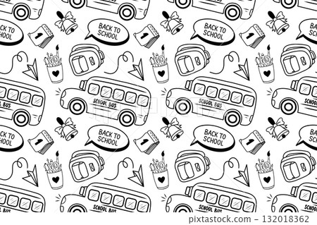 Seamless pattern school bus transport, backpack, school bell background. Doodle sketch style vector pattern. Perfect for textile, wrapping paper, greeting cards and posters for kindergarten. Seamless pattern school bus transport, backpack, school bell background. Doodle sketch style vector pattern. Perfect for textile, wrapping paper, greeting cards and posters for kindergarten. 132018362