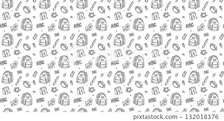 Seamless pattern with school supplies on a white background. Cute doodle vector illustration in outline style for back to school designs, notebooks, wrapping paper and educational projects. Seamless pattern with school supplies on a white background. Cute doodle vector illustration in outline style for back to school designs, notebooks, wrapping paper and educational projects. 132018376