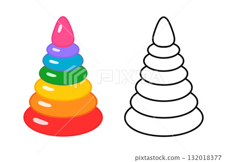 Colorful pyramid stacking toy with an additional black and white outline version for coloring. Educational clip art for kids in vector style, perfect for learning and creative activities. 132018377