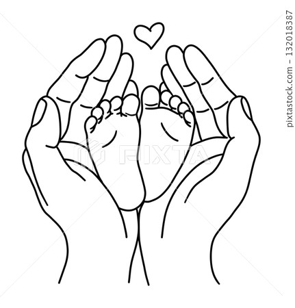 Human hands gently holding baby feet, symbolizing warmth, love and family connection. Hand drawn 132018387
