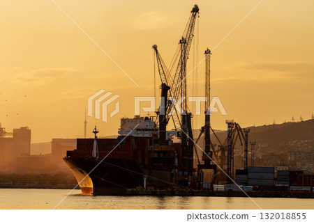 Container ship is loading in a port, evening light, dusk 132018855