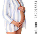 Closeup shot of a belly of pregnant woman, isolated on white background 132018881