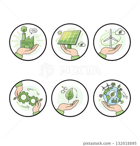 Climate change illustration set. Characters hands holding planet earth, electric car, leaf and other objects as metaphor for green energy, transportation and sustainability. illustration design. 132018895