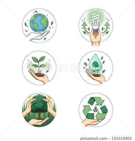 Climate change illustration set. Characters hands holding planet earth, electric car, leaf and other objects as metaphor for green energy, transportation and sustainability. illustration design. 132018902