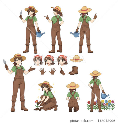 Farmer or gardener worker wearing uniform holding garden tool and watering can. Character for animation. illustration design. 132018906