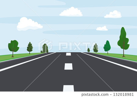 Highway Road Perspective, Vector Illustration. Empty Asphalt with Lane Markings, Countryside Trees and Sky. Road Background, Road Illustration 132018981