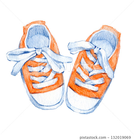 Pencil illustration of hand drawn pair of kids shoes on white background. Design elements for decorating of cards, covers. 132019069