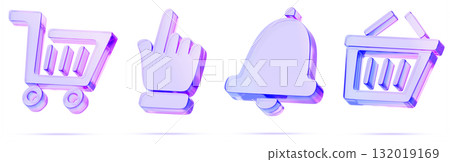 Ecommerce, retail and shopping 3d icon set. Glass holographic cart, hand click, notification bell and basket, isolated elements for online store, internet shop, market or supermarket. 3D illustration Ecommerce, retail and shopping 3d icon set. Glass holographic cart, hand click, notification bell and basket, isolated elements for online store, internet shop, market or supermarket. 3D illustration 132019169
