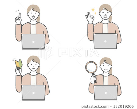 Illustration set of a young woman operating a computer 132019206