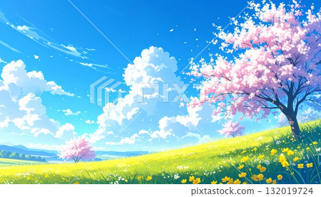 AI-generated illustration of cherry blossoms, blue skies, and wildflowers that evoke the feeling of spring AI-generated illustration of cherry blossoms, blue skies, and wildflowers that evoke the feeling of spring 132019724