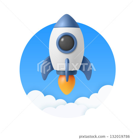 Vector 3d Rocket Launch Icon. Rocket Startup Badge in Blue Circle. Rocket Ship with Flame and Clouds for Startup, Product Launch, Space, Mission, Web and Mobile Design 132019786