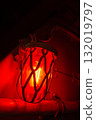 Red alarm light inside an old military submarine with protective cage 132019797