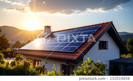 安裝了太陽能電池板的住宅屋頂（AI 生成的圖像） 132019856