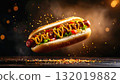 Classic hot dog floating in mid air with toppings 132019882