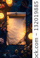 Empty parchment illuminated by glowing candles with scattered flowers 132019885