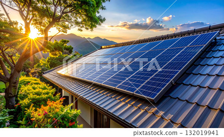 安裝了太陽能電池板的住宅屋頂（AI 生成的圖像） 132019941