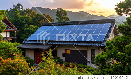 安裝了太陽能電池板的住宅屋頂（AI 生成的圖像） 132019942