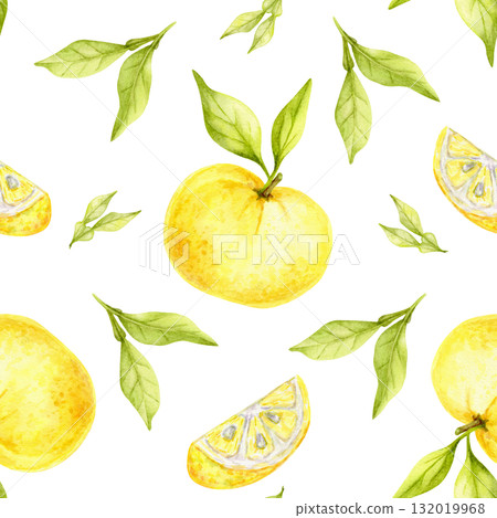 Botanical layout of yellow yuzu fruits and green leaves created as watercolor clipart, hand drawn seamless pattern. Excellent for textile design, kitchen wallpapers, product packaging and wrapping. Botanical layout of yellow yuzu fruits and green leaves created as watercolor clipart, hand drawn seamless pattern. Excellent for textile design, kitchen wallpapers, product packaging and wrapping. 132019968