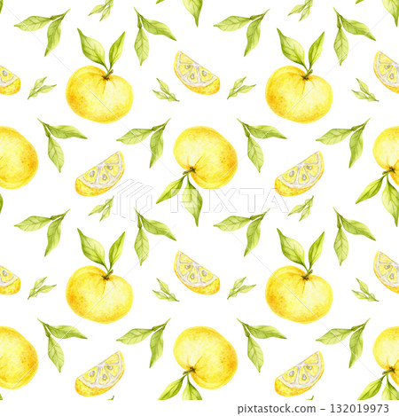 Pattern of yellow yuzu citrus fruits with green leaves painted as watercolor clipart, hand drawn seamless botanical design. Great for wallpapers, product labels, textile prints and eco-packaging. Pattern of yellow yuzu citrus fruits with green leaves painted as watercolor clipart, hand drawn seamless botanical design. Great for wallpapers, product labels, textile prints and eco-packaging. 132019973