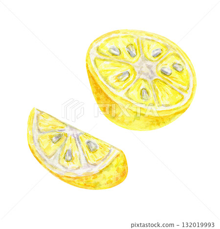 Halved and sliced yellow yuzu citrus with seeds in watercolor clipart, hand drawn fruit illustration for labels, cookbooks, digital scrapbooking, fabric patterns, packaging design and stationery. 132019993