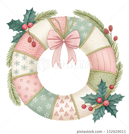 Patchwork Christmas Wreath Clipart White Background 132020011