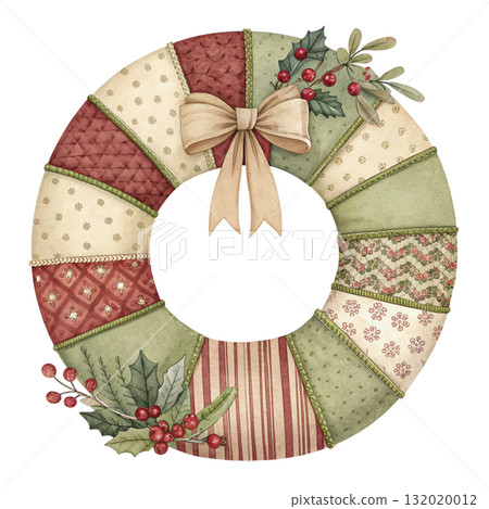 Patchwork Christmas Wreath Clipart White Background 132020012