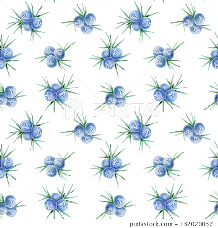 Blue juniper berries with thin green needles repeat across this hand drawn watercolor clipart seamless pattern. Ideal for eco packaging, wrapping paper, scrapbook pages and fabric printing. 132020037