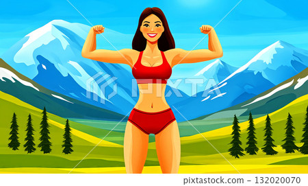 Athletic woman flexing muscles in mountain landscape 132020070