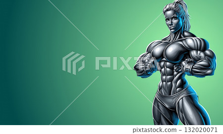 Strong athletic woman with defined muscles posing confidently 132020071
