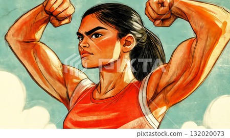 Strong athletic woman flexing muscles confidently 132020073