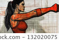 Strong athletic woman demonstrating powerful arm muscles 132020075