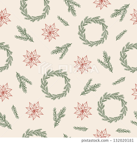 Seamless pattern with Christmas wreath, fir tree branches and poinsettia. Hand drawn vector illustration for wrapping paper, textile, fabric. 132020181