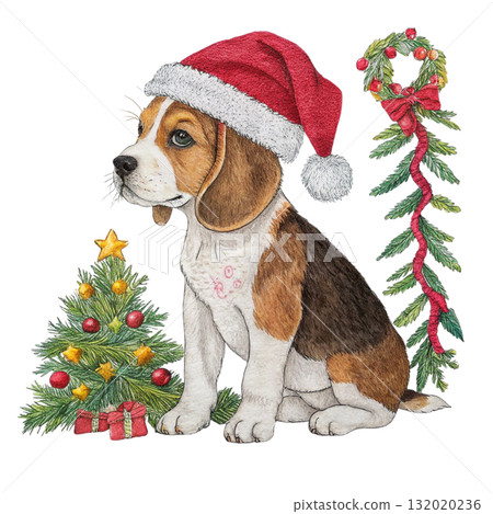 Patchwork Style Dogs Santa Hat Cristmas Day Clipart White Background 132020236