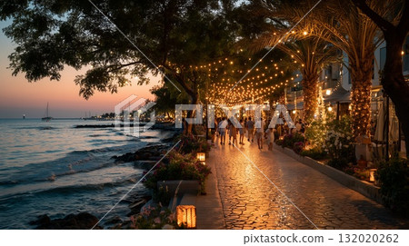 People enjoying an enchanting evening walk along a festive seaside promenade, string lights illuminating a vibrant coastal town and creating a romantic summer atmosphere at sunset 132020262