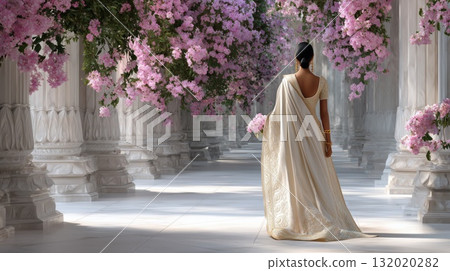 Indian woman wearing a traditional pearl white sari with delicate intricate gold embroidery. Carrying a bouquet of matching blooms 132020282
