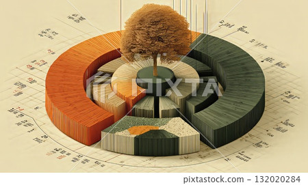 Circular infographic of a growing green tree emerging from stacked financial charts and data layers, symbolizing sustainable business growth, ecological investment, and ethical finance 132020284
