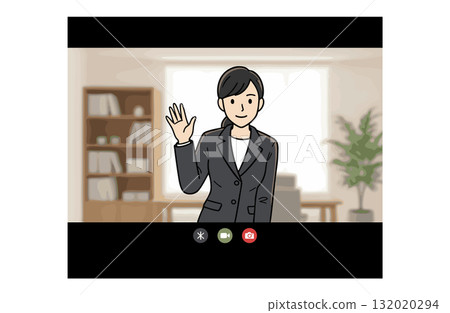 女商人在網路會議上揮手致意(上身,單色) 女商人在網路會議上揮手致意(上身,單色) 132020294