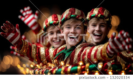Boys smiling and waving in festive elf costumes, enjoying a Christmas parade with sparkling lights and holiday cheer, spreading joy and celebration 132020334