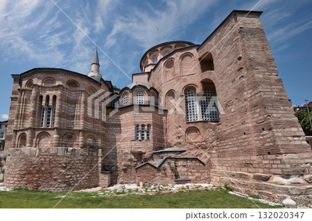Kariye Mosque, formerly, Chora Church: Exterior with minaret under blue sky in Istanbul, Turkey Kariye Mosque, formerly, Chora Church: Exterior with minaret under blue sky in Istanbul, Turkey 132020347
