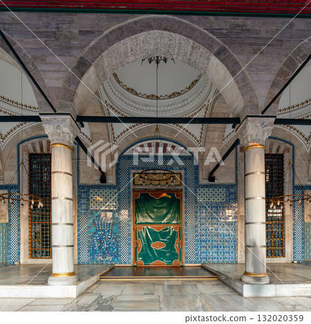 Intricate Iznik tilework, arches, and columns in the portico of Rustem Pasha Mosque, Istanbul, Turkey Intricate Iznik tilework, arches, and columns in the portico of Rustem Pasha Mosque, Istanbul, Turkey 132020359