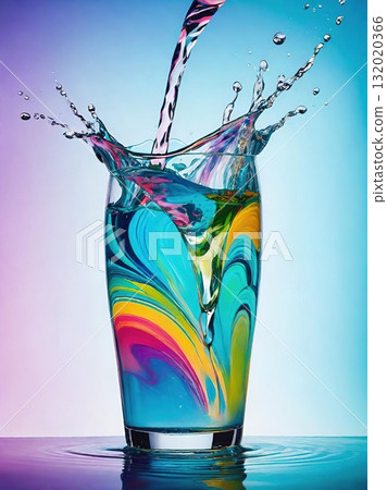 Dynamic Water Splash in Glass on Colorful Background. 132020366