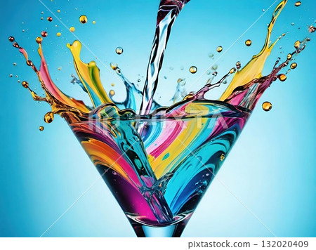 Dynamic Water Splash in Glass on Colorful Background. Dynamic Water Splash in Glass on Colorful Background. 132020409