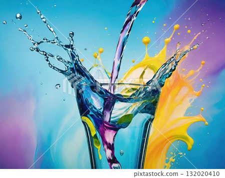 Dynamic Water Splash in Glass on Colorful Background. 132020410
