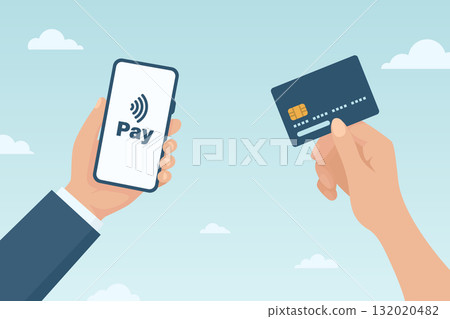 Mobile Payment, Vector Illustration. Credit Card Payment with Smartphone, Contactless Payment via NFC Tap to Pay. Online Banking, E-Wallet, Checkout, Money Transfer Concept 132020482
