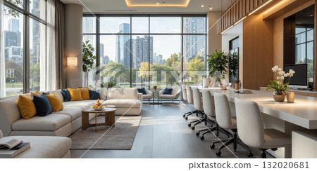 Smart real estate office with virtual home tour stations, sleek conference tables, and ambient lighting. A modern real estate office 132020681