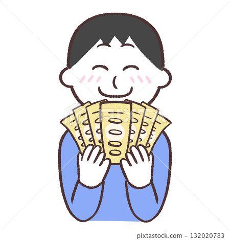 一名男子攤開鈔票的插圖 一名男子攤開鈔票的插圖 132020783